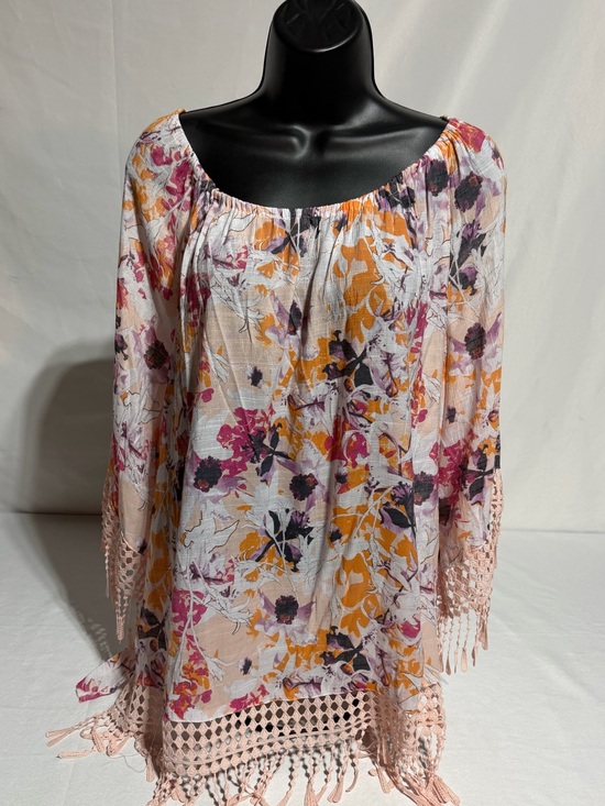 Cato Tops - Cato Boho Floral Peasant Blouse Crochet Lace Hem Tassels Long Sleeve Tunic XL